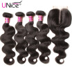 UNICE HAIR Malaysian Body Wave 4 Bundles with Closure 5PCS Free Lace Closures with Hair Weaves Remy Human Hair Bundles with Closur