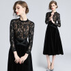 Women New 2018 Autumn Black Lace Dress High-End Ladies O-Neck stitching Runway Vintage Female Slim Party Dresses