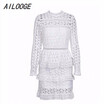 Elegant hollow out ruffle lace dress Women vintage long sleeve slim short dress Sexy christmas party dress vestidos