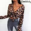 Women Sexy V-Neck Slim Crop Tops Long Sleeve Leopard Print Shirt Clubwear Blouse