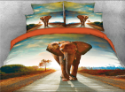 3D Elephant Waling on Road Printed Cotton 4-Piece Bedding Sets