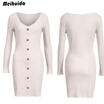 Women Fashion Winter Knitted V neck Long Sleeve Knitted BodyCon Sweater Dress