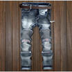 Mens Boy Slim Skinny Runway Straight Elastic Denim Pants Destroyed Ripped Jeans
