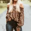Women Summer Leopard Print Long Sleeve Off Shoulder Loose Blouse T-Shirt Tops