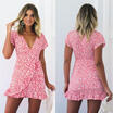 Women Summer Casual Floral Wrap Dress Tie Waist Short Sleeve Bodycon Mini Dress