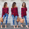 Womens Off Shoulder Plaid Tops Long Sleeve Shirt Casual Blouse Loose T-shirt