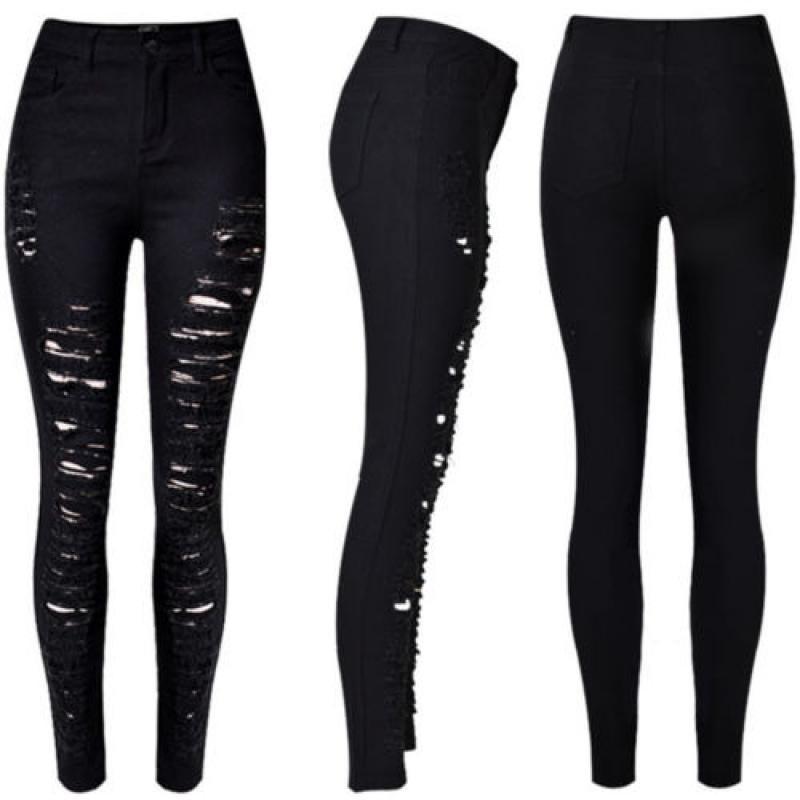 Women Denim Skinny Ripped Pants High Waist Stretch Jeans Slim Pencil Trousers HE