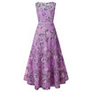 Vintage Round Collar Sleeveless Floral Embroidery See-through Mesh A-line Women Maxi Dress