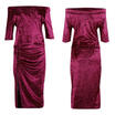 Fashion Women Velvet Off-Shoulder Long Sleeve Elegant Bodycon Stretch Slim Dress