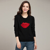 MAZOE fashion hit color red lips pattern jacquard round collar wild sweater Z1099 black L