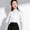 MAZOE Lace Mesh Stitching Round Collar Long Sleeve Top Collar Top M010 White One Size