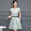 2017 Summer Short Sleeve Dress Slim Waist Thin Sleeve V-neck Puff Skirt Female S72R0281A4S Green S