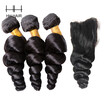 HHHair Brazilian Loose Wave With Closure Loose Wave 3 Bundles With 4x4 inch Lace Closure