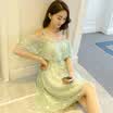 Sustory womens 2017 summer new sexy nightclub strapless strap dress small fresh fairy lace floral chiffon dress female summer SU279 light green S