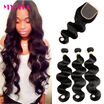 Mydiva Brazilian Virgin Hair Body Wave 3 Bundles with Lace Closure Free Part Human Hair Weave Unprocessed Hair Extension