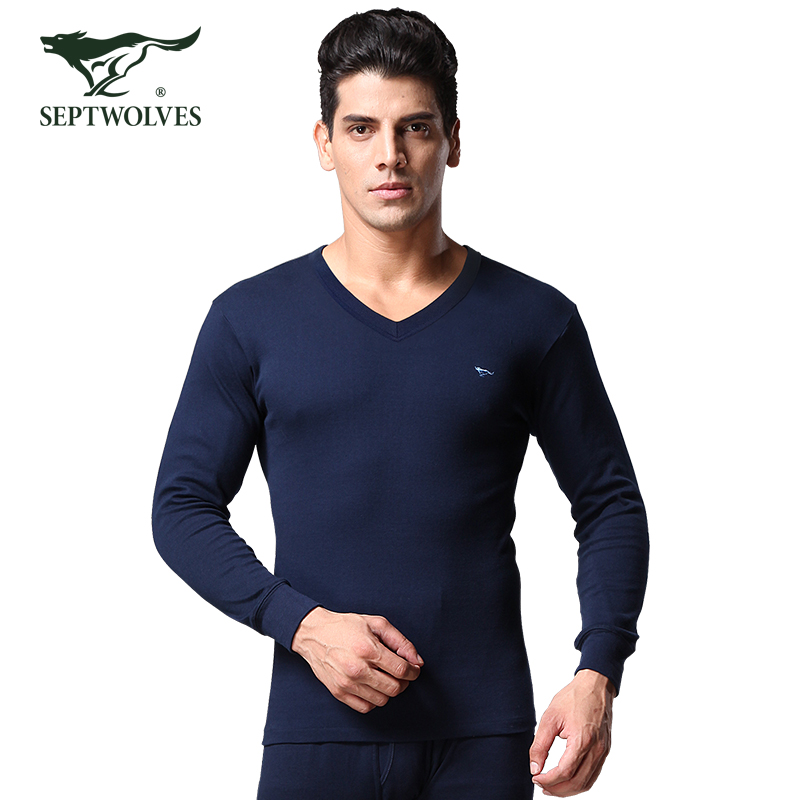 Seven wolves thermal underwear mens cotton autumn clothing long pants V-neck suit thin section cotton wool line clothing line pants solid color V-neck 98165 black M
