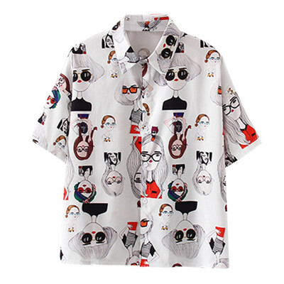 Fashion Turn-down Collar Short Sleeve Chiffon Blouse Women Floral Printed Loose Shirt