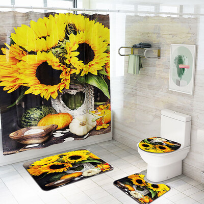 Gobestart Sunflower Shower Curtain Floor Mat Four-piece Bathroom Mat Set