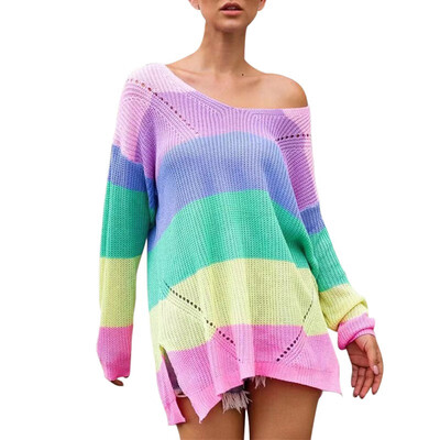 Fashion Style Sexy V-neck Long-sleeved Sweater Casual Loose Colorful Stripe Pattern Knit Pullover
Fashion Style Sexy V-neck Long-sleeved Sweater Casual Loose Colorful Stripe Pattern Knit Pullover