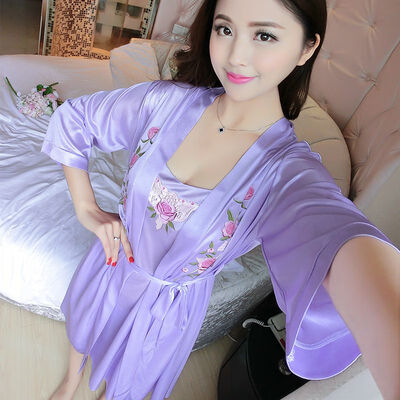 Women Soild Color  Thin Satin Luxurious Lightweight Long Sleeve Night Dress With Belt Lace Sexy Home Set Mid Dress 
Women Soild Color  Thin Satin Luxurious Lightweight Long Sleeve Night Dress With Belt Lace Sexy Home Set Mid Dress
