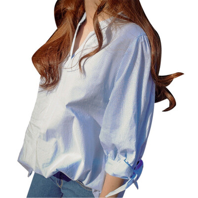Pinstripe Hem Women Blouse Short Puff Half Sleeve Blue Shirt Blusas V-Neck Blouse -XL Casual Top for Female
Pinstripe Hem Women Blouse Short Puff Half Sleeve Blue Shirt Blusas V-Neck Blouse -XL Casual Top for Female