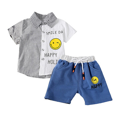 Summer Baby Boys Clothes Short Sleeve Smile Print Tops Blouse ShirtsShorts Casual Outfits Striped Baby Clothing Sets