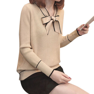 Loose All-match V-neck Long-sleeved Womens Knit Pullover Fashion Sweet Bow Decoration Solid Color Sweater
Loose All-match V-neck Long-sleeved Womens Knit Pullover Fashion Sweet Bow Decoration Solid Color Sweater