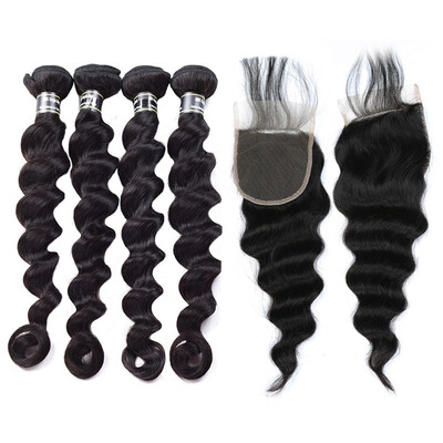 Amazing Star Loose Wave Bundles with Closure Brazilian Virgin Hair Loose Wave with Closure Human Hair with 4x4 Crochet Closure