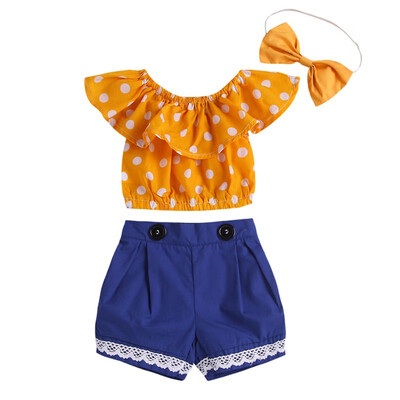 toddler girl clothes yellow dot topwhite lace edge blue shortsyellow bow-knot hair band summer for 0-3T
toddler girl clothes yellow dot topwhite lace edge blue shortsyellow bow-knot hair band summer for 0-3T
