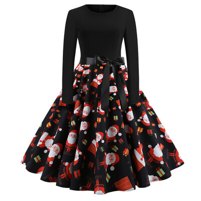 2018 Christmas Print Large Swing Long Sleeve Stitching Dress