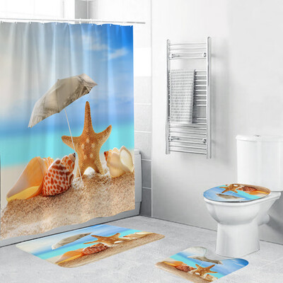 Gobestart 4PCS Non Slip Toilet Polyester Cover Mat Set Bathroom Shower Curtain