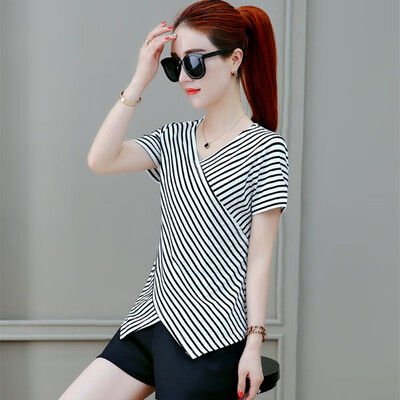 Women Summer Contrast Striped Print T-Shirt Loose V-Neck Irregular Hem Tshirt Short Sleeve Casual Simple Wild T-Shirt Women
Women Summer Contrast Striped Print T-Shirt Loose V-Neck Irregular Hem Tshirt Short Sleeve Casual Simple Wild T-Shirt Women