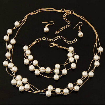 Multi-layer Necklace Earring Bracelet Jewelry Sets Women Fashion Elegant Style Pearl