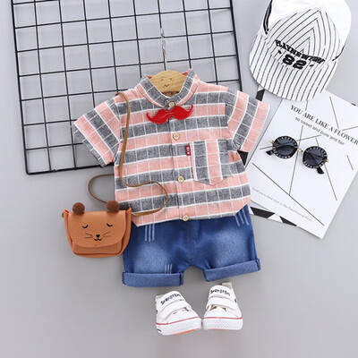 2PcsSet Summer Baby Boys Cotton Short Sleeve Plaid Print Tops Blouse T-shirtDenim Shorts Casual Outfits Sets
