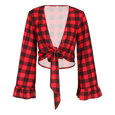 Women Shirts Sexy Deep V Neck Plaid Women Top&Blouses Casual Flare Long Sleeve T-shirt Tops Female Clothes Bandage Shirt
Women Shirts Sexy Deep V Neck Plaid Women Top&Blouses Casual Flare Long Sleeve T-shirt Tops Female Clothes Bandage Shirt