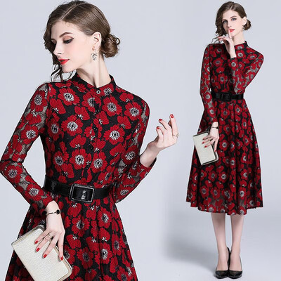 L XL XXL elegant new spring 2019 lace long dress women long sleeve black red flower printed mid calf slim A line lady with belt
L XL XXL elegant new spring 2019 lace long dress women long sleeve black red flower printed mid calf slim A line lady with belt