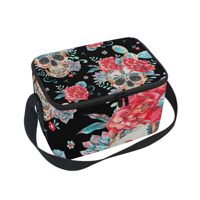 ALAZA Lunch Box Insulated Skull And Roses Lunch Bag Large Cooler Tote Bag for Men Women