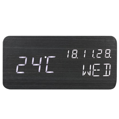 Wooden LED Digital Sound Control Alarm Clock USBBattery Powered Dimmer Thermometer Clock with 3 Alarms Weekday Alarm--Black Shell