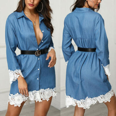 Women Summer Lace Denim Shirt Midi Dress Ladies Jean Dresses Casual Pocket Party