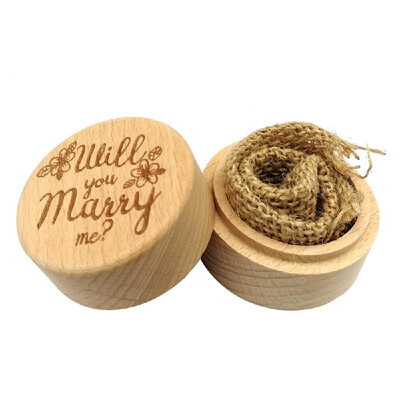 Wooden Round Beech Wedding Ring Box With Letter Happily Ever After On The Surface