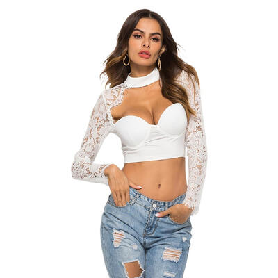 Women Sexy Lace Long Sleeve Crop Tops Turtleneck Slim Fit Bottoming Clothes
