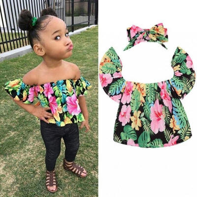 Floral Toddler Baby Girls Kids Off Shoulder Tops T-shirt RomperHeadband Outfits