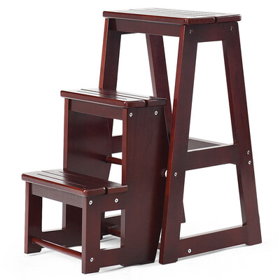 Folding Multi-functional 3-tier Ladder Wood Step Stool-Coffee