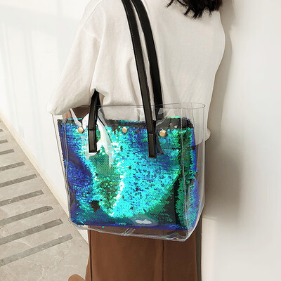 Korean version of the big bag female 2019 new tide transparent handbag fashion wild sequins large capacity single shoulder tote bag
Korean version of the big bag female 2019 new tide transparent handbag fashion wild sequins large capacity single shoulder tote bag