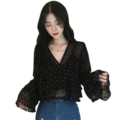 Korean Summer Blouse Woman Spring V-Neck Ruffles Perspective blusas Dot Print Long Sleeve Womens Tops And Blouses Harajuku
Korean Summer Blouse Woman Spring V-Neck Ruffles Perspective blusas Dot Print Long Sleeve Womens Tops And Blouses Harajuku