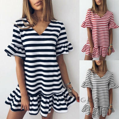 Womens Summer V neck Striped Lotus Leaf Dress Holiday Casual Short Sleeve Dress
Womens Summer V neck Striped Lotus Leaf Dress Holiday Casual Short Sleeve Dress