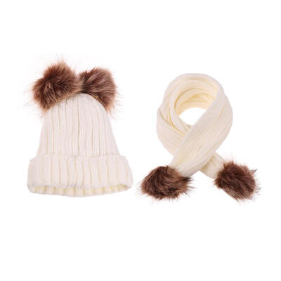 2pcsset Cute Kids Boys Girls Stripe Print Pompom Knitted Fleece Cap Scarf