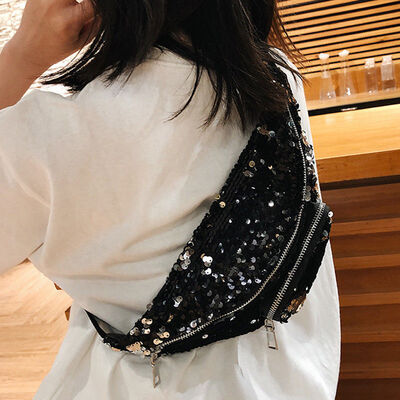 2018 New Style Fashion Women Travel Waist Fanny Pack Holiday Solid Belt Zipper Sequined Waist Pags
