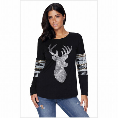 Round neck long sleeve reindeer print sequin stitching casual straight shirt womens 
Round neck long sleeve reindeer print sequin stitching casual straight shirt womens