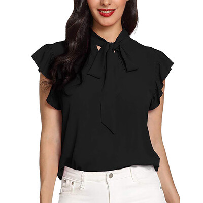 Starmoon Womens Casual Cap Sleeve Bow Tie T-Shirt Solid Chiffon Blouse Tops
